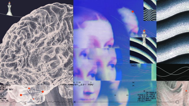 A digital collage featuring a brain illustration, distorted human faces, signal towers, abstract waves, and scattered data points and text on a blue and gray background.