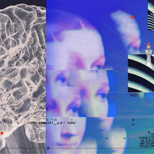 A digital collage featuring a brain illustration, distorted human faces, signal towers, abstract waves, and scattered data points and text on a blue and gray background.