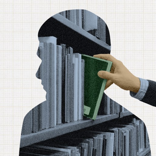 A hand pulls a green book from a library shelf, surrounded by tsundoku—the gentle art of collecting more books than you can read—with the silhouette of a person formed from the bookshelf and books.
