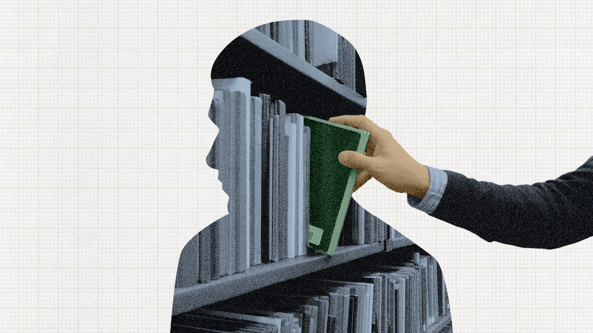 A hand pulls a green book from a library shelf, surrounded by tsundoku—the gentle art of collecting more books than you can read—with the silhouette of a person formed from the bookshelf and books.