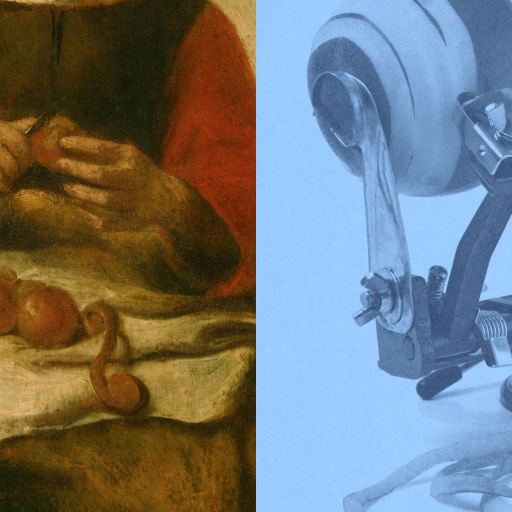 Split image: Left side shows a painting of hands peeling apples with a knife; right side features a modern mechanical apple peeler, echoing Jeff DeGraff’s spirit of innovation bridging tradition and progress.