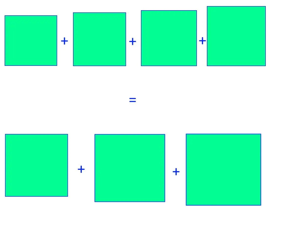 Four green squares on the top row, each separated by plus signs; three larger green squares below, also separated by plus signs, with an equals sign between the rows&mdash;suggestive of patterns found in pythagorean runs.