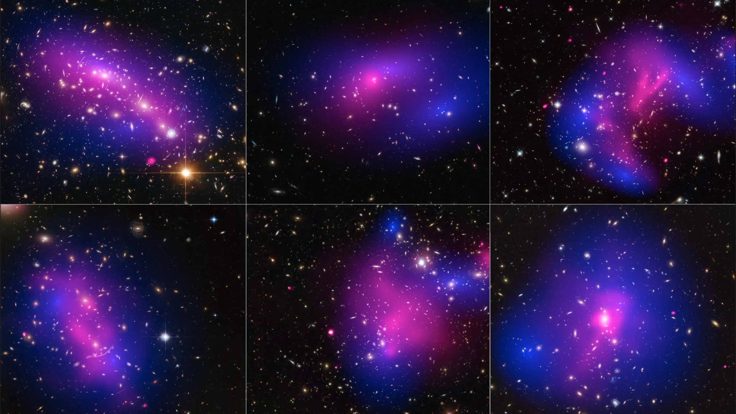 Six panels show clusters of galaxies in space, with bright stars and galaxies overlaid by colored regions in blue and pink indicating gas and dark matter distribution&mdash;shedding light on some of the biggest mysteries surrounding the origin of our universe.