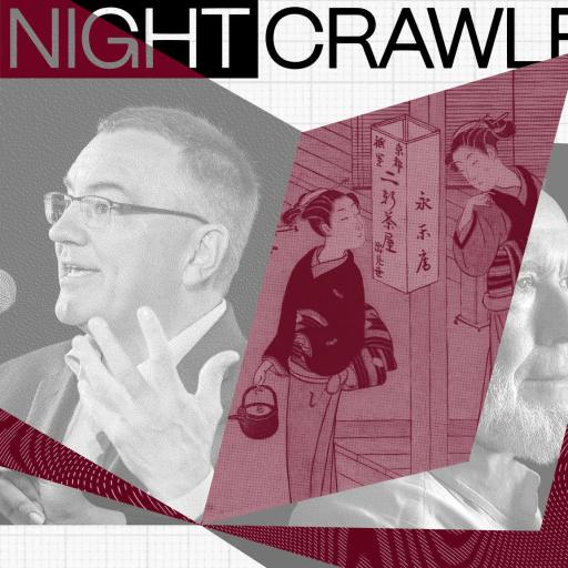 A man speaking into a microphone, an illustration of a person with a bun near Japanese text, and Kevin Kelly, a bearded man, are overlaid with red geometric shapes under the title "THE NIGHT CRAWLER.