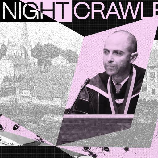 A collage features a man in academic regalia at a podium, a black-and-white rural village, ants, and the words “THE NIGHTCRAWLER” in bold text at the top, evoking the art of reason amid contrasting scenes.