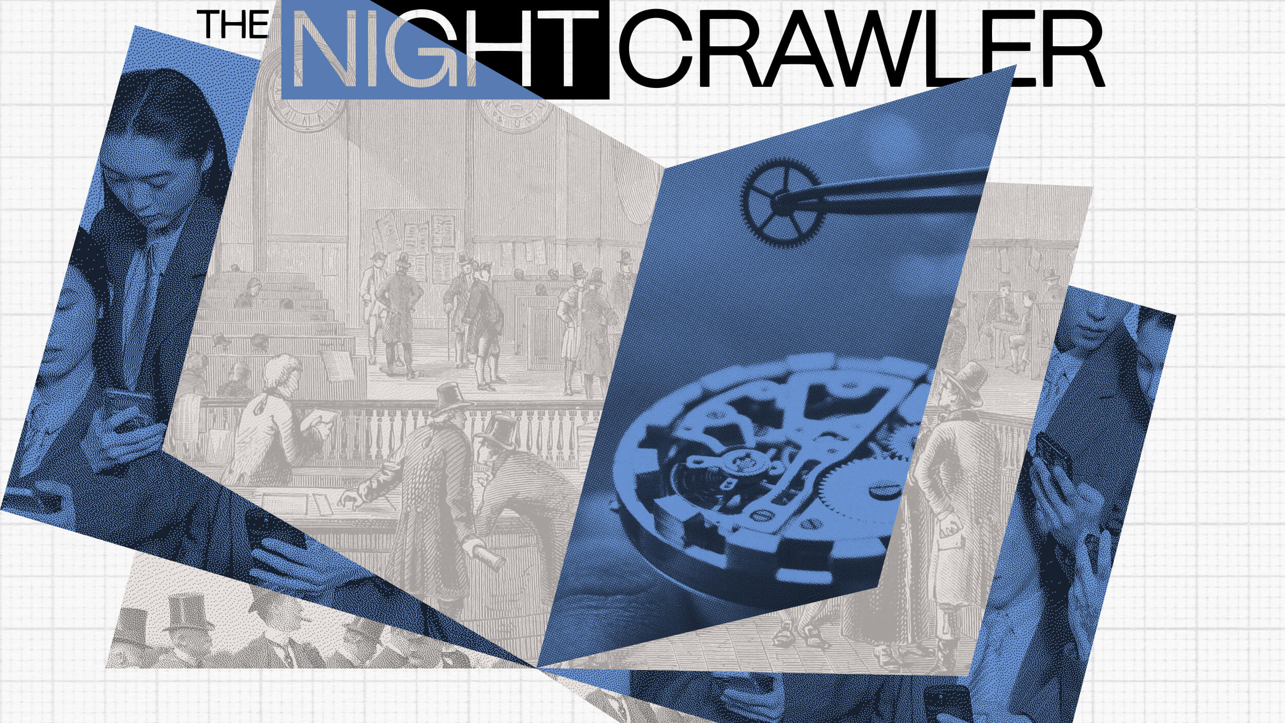 A collage features people using phones, a vintage courtroom scene, and a close-up of mechanical watch parts under tweezers, exploring ancestral bonds, with the title "THE NIGHTCRAWLER" at the top.