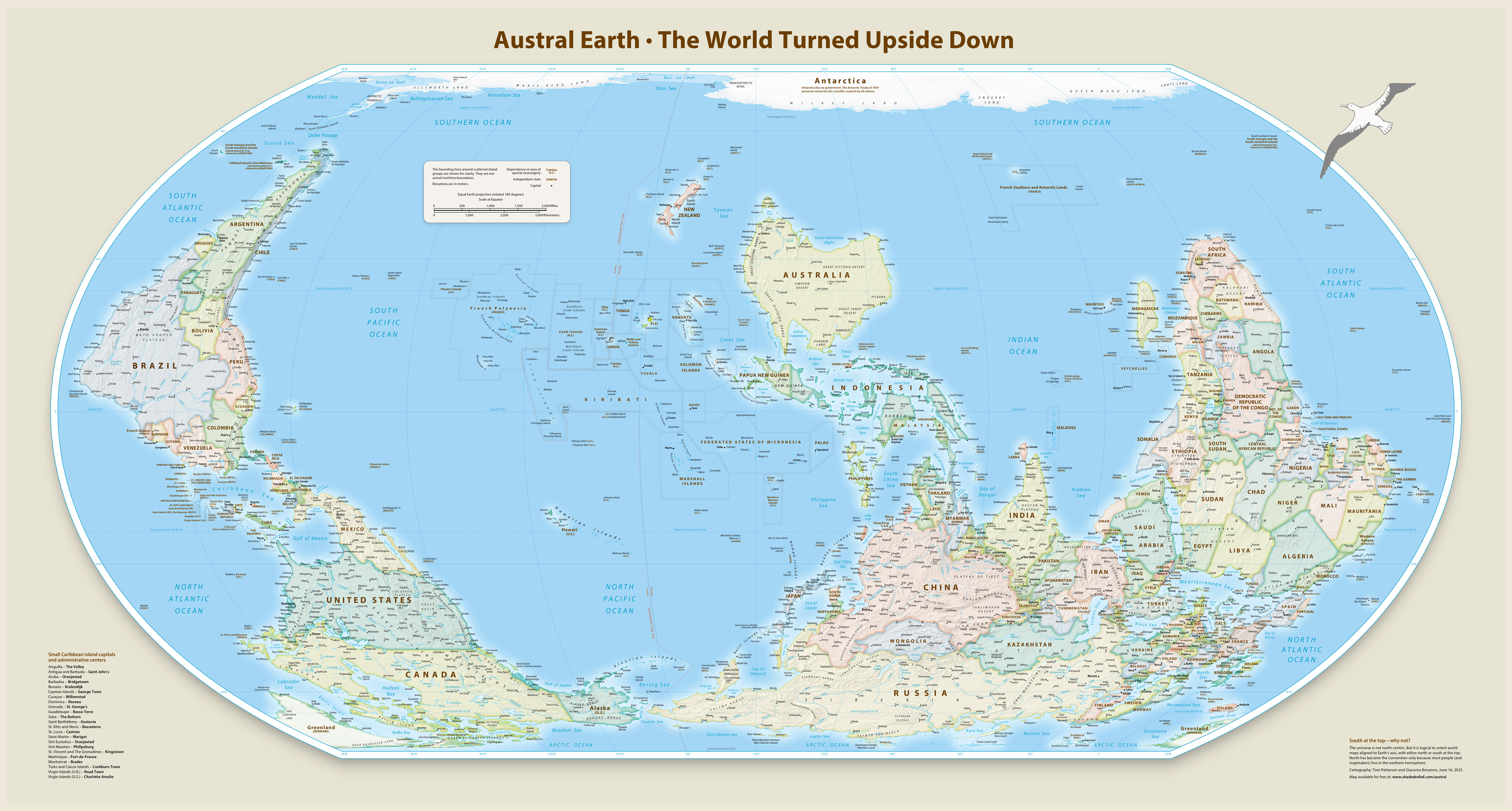 Map of the world with south at the top, showing continents and countries labeled in an upside-down orientation.