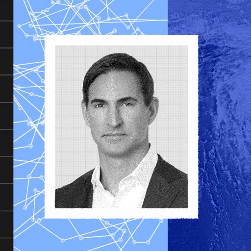 Black-and-white portrait of a man in a suit centered between a grid, network lines, and a swirling blue pattern evoking a hurricane, symbolizing the dynamic power of predictive intelligence.