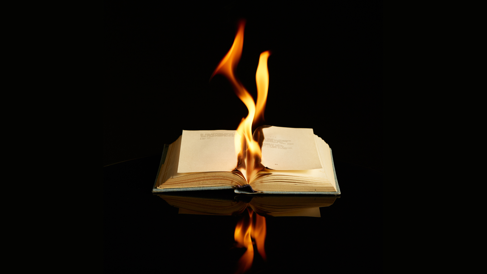 An open book, symbolizing dangerous books, burns with flames rising from its pages against a black background, its fiery reflection shimmering on a glossy surface.