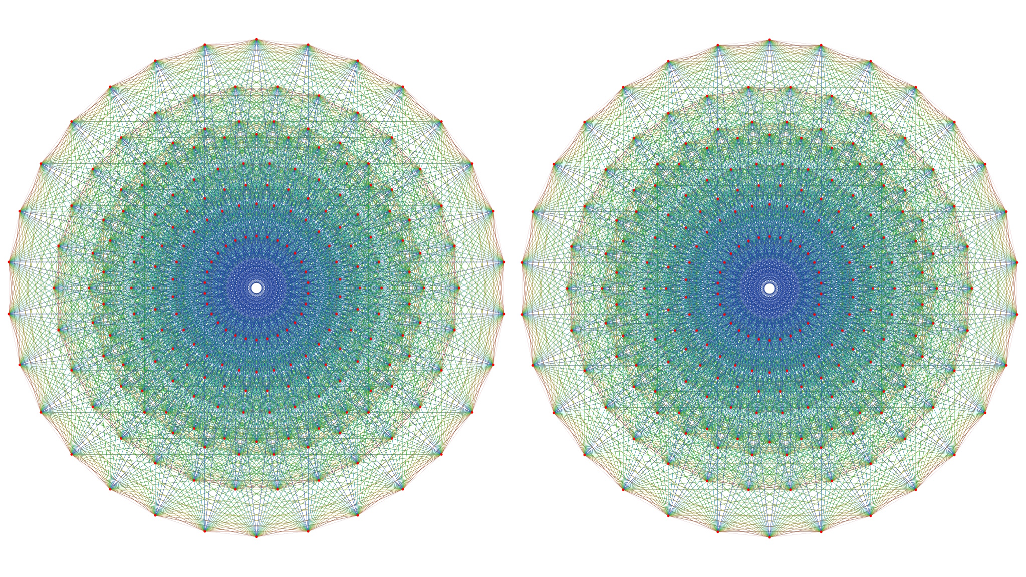 Two identical, intricate, circular geometric patterns with symmetrical, multicolored lines and shapes are displayed side by side on a white background—each subtly reflecting the argument against theory of everything’s promise of perfect symmetry.