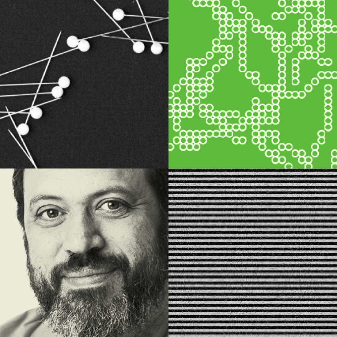 A collage of four images: white pins on black, green pattern of white dots and lines, grayscale portrait of a bearded man, and black-and-white horizontal lines.