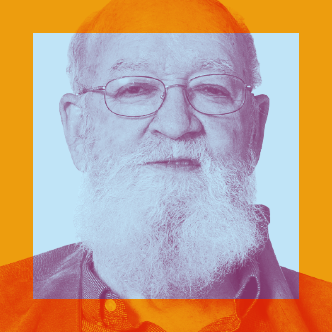 Elderly man with glasses and a white beard, photographed in cool tones with an orange transparent square overlay.