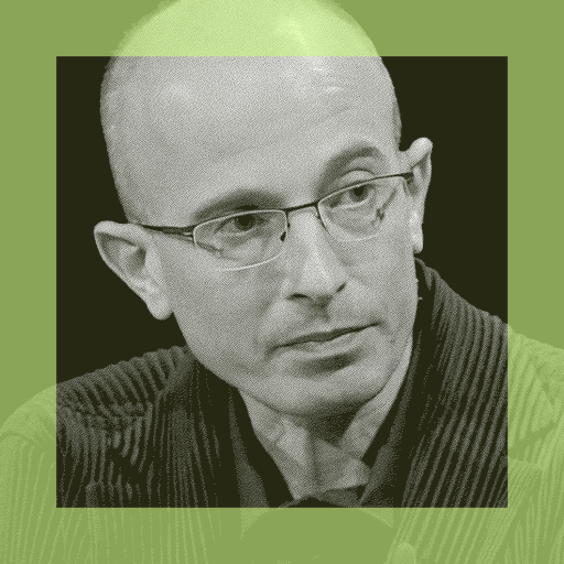 A person with glasses and a bald head is looking slightly to the side, centered in a green-tinted square frame.