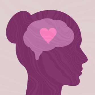 Illustration of a female silhouette in profile with a brain shape inside the head and a pink heart at the center of the brain.