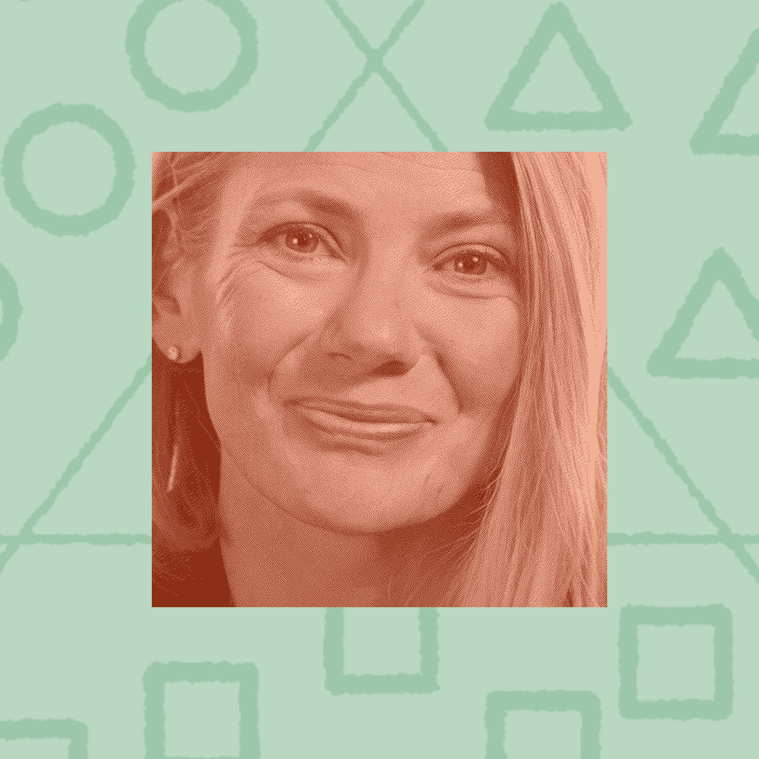 A woman with long blonde hair smiles softly at the camera; the photo has an orange tint and is set against a light green background with simple geometric shapes.