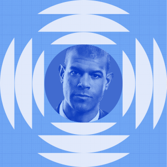 A man's portrait in blue tones is centered within concentric white arcs on a blue grid background.