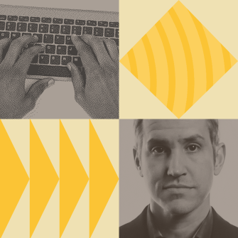 A collage with four sections: hands typing on a keyboard, a yellow diamond shape, three yellow arrows, and a grayscale portrait of a man.