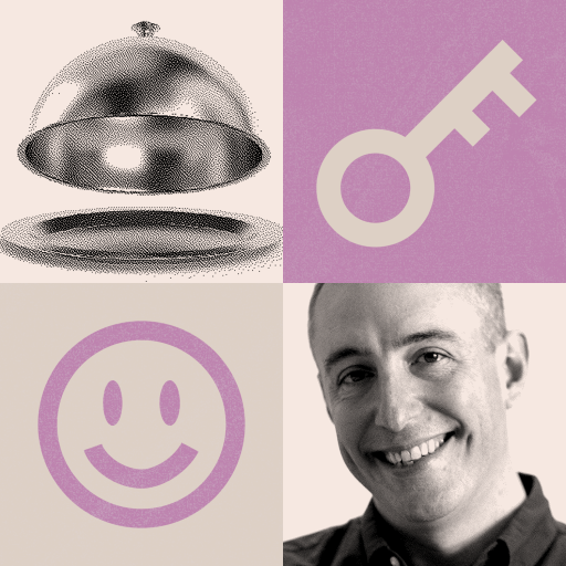 A four-panel image: a serving tray, a key symbol, a smiley face, and a smiling man in the bottom right corner. The colors are muted purple and beige.