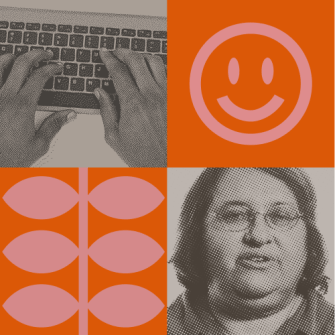 A collage with four panels: hands typing on a keyboard, a pink smiley face, geometric leaf shapes, and a grayscale portrait of a woman, all on an orange background.