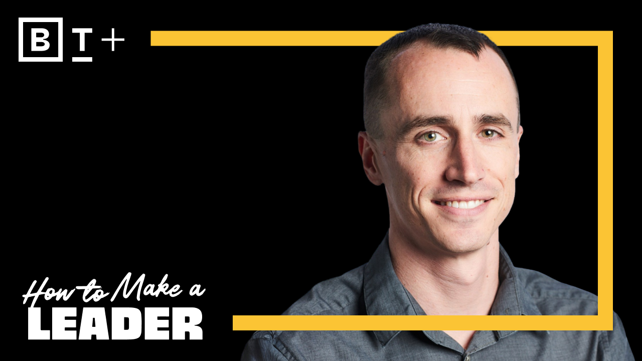 A man in a gray shirt smiles at the camera, with the text "How to Make a Leader" and a yellow frame on a black background.