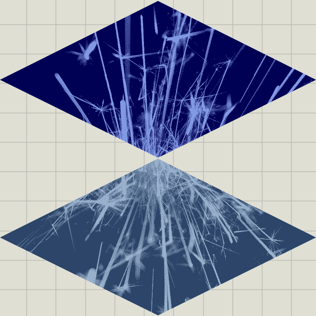 Two diamond-shaped planes with intersecting light blue streaks, positioned above a grid background, reflecting each other vertically.