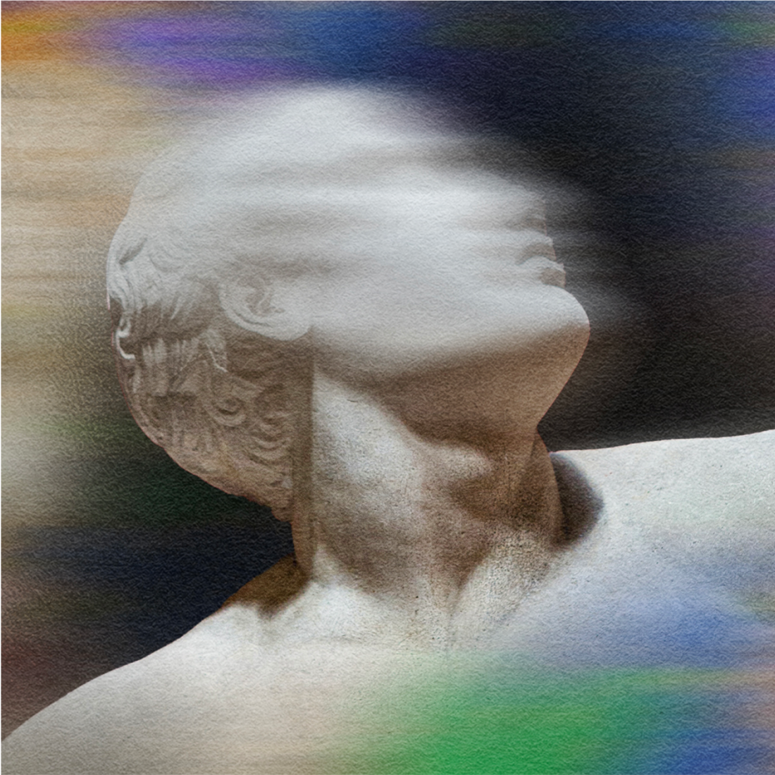 A classical marble statue of a person with the face blurred by streaks of white, blue, and green, creating a motion effect.