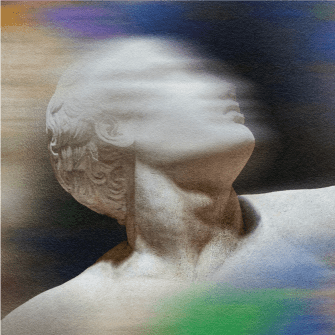 A classical marble statue of a person with the face blurred by streaks of white, blue, and green, creating a motion effect.
