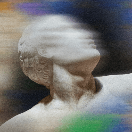 A classical marble statue of a person with the face blurred by streaks of white, blue, and green, creating a motion effect.