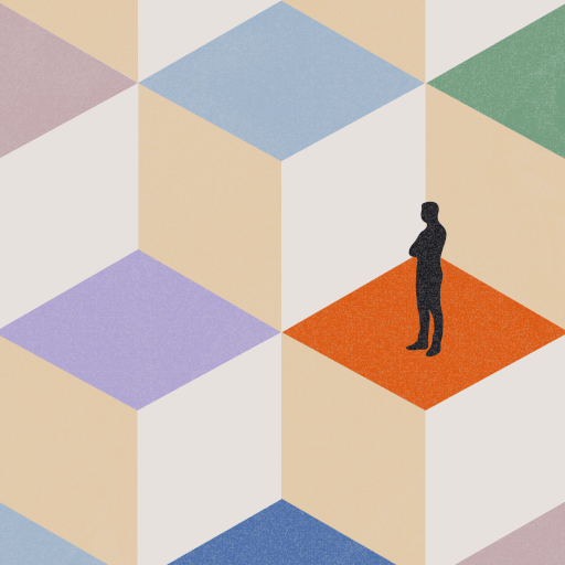 A silhouette of a person stands on a red tile among multicolored geometric cubes in an abstract pattern.