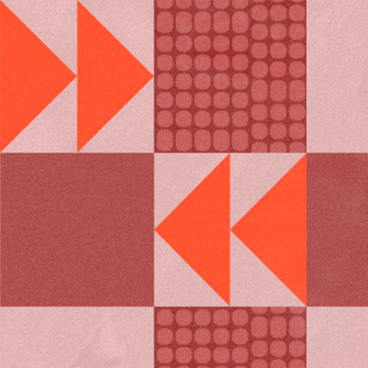 Geometric pattern with red and orange triangles, squares, and circles arranged in a grid with textured backgrounds.