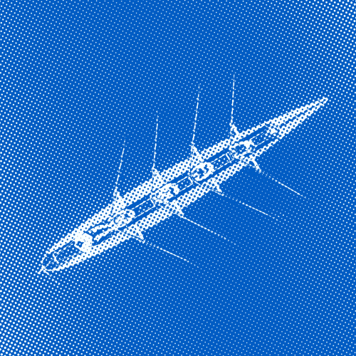 Halftone illustration of a white guitar on a blue background, shown at an angle with star-shaped highlights along the body and neck.
