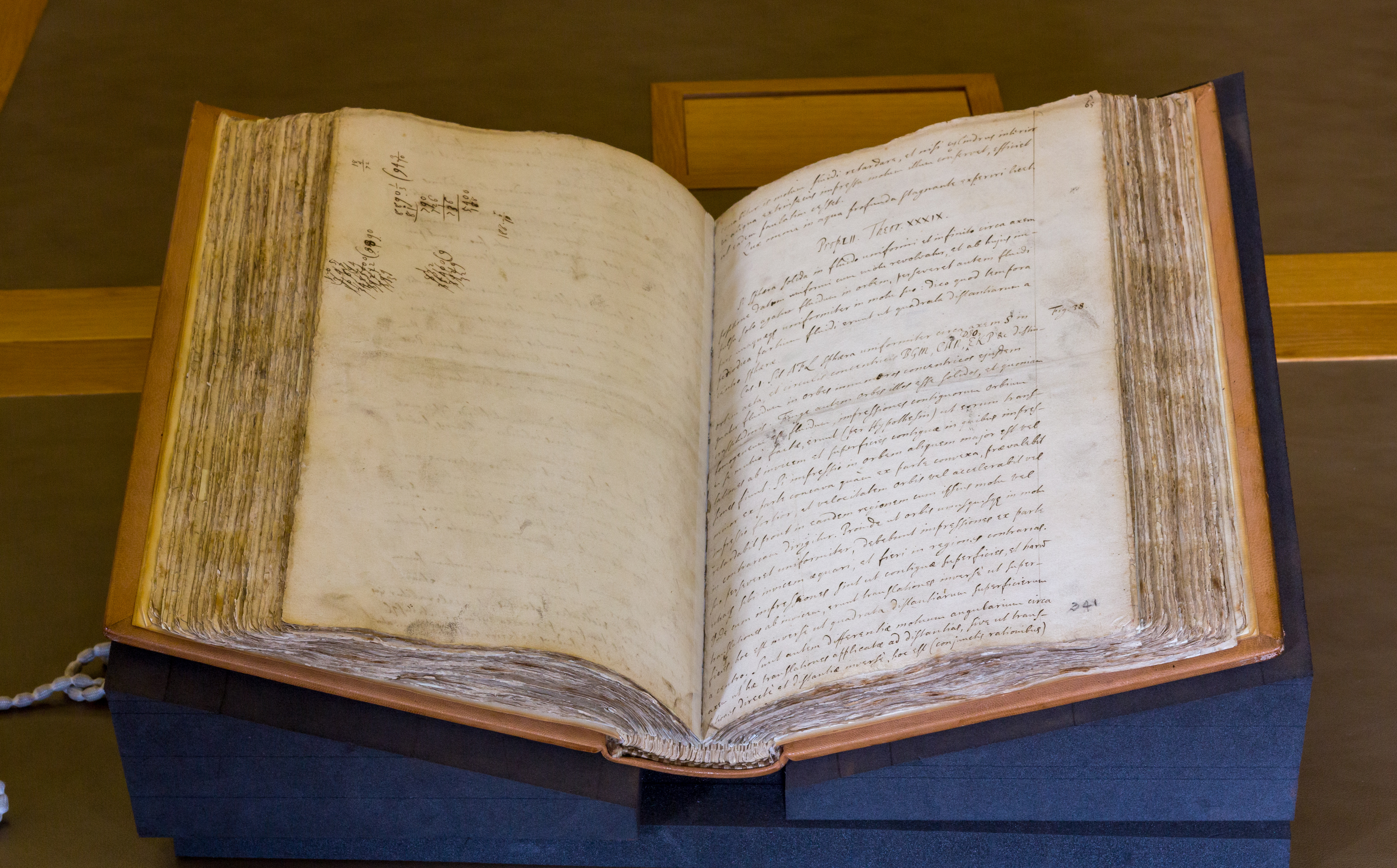 An old, large handwritten book is open on display, showing aged, yellowed pages filled with cursive script, resting on a supportive foam mount.