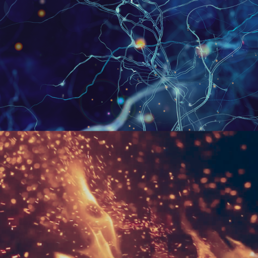 Abstract image split in two: the top half shows blue neural-like network lines, while the bottom half displays orange flames and sparks against a dark background.
