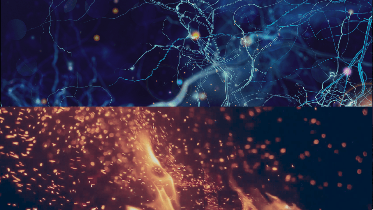 Abstract image split in two: the top half shows blue neural-like network lines, while the bottom half displays orange flames and sparks against a dark background.