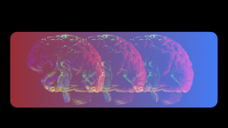 Three semi-transparent human brains, side by side, over a gradient background transitioning from red to blue, with rounded corners.