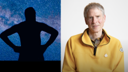 Split image: Left side shows a silhouette of a person with hands on hips against a starry sky; right side shows an older man in a yellow jacket against a plain white background.