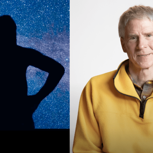 Split image: Left side shows a silhouette of a person with hands on hips against a starry sky; right side shows an older man in a yellow jacket against a plain white background.