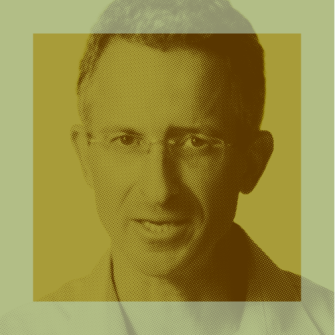 A stylized portrait of a man with glasses, viewed through overlapping green and yellow filters giving a graphic, duotone effect.