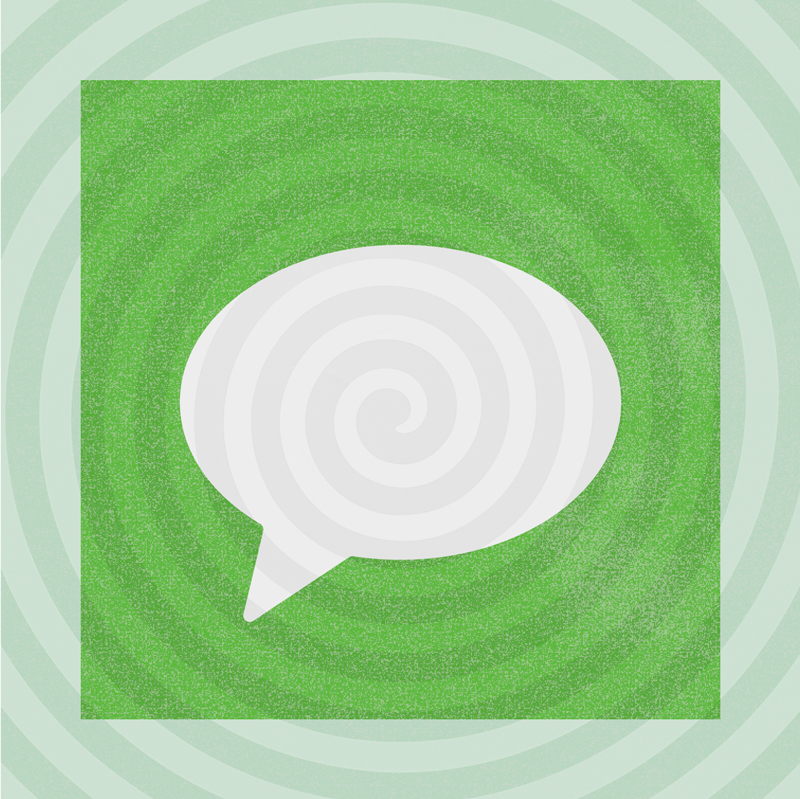 A white speech bubble centered on a green textured square, with a spiral pattern in the background.