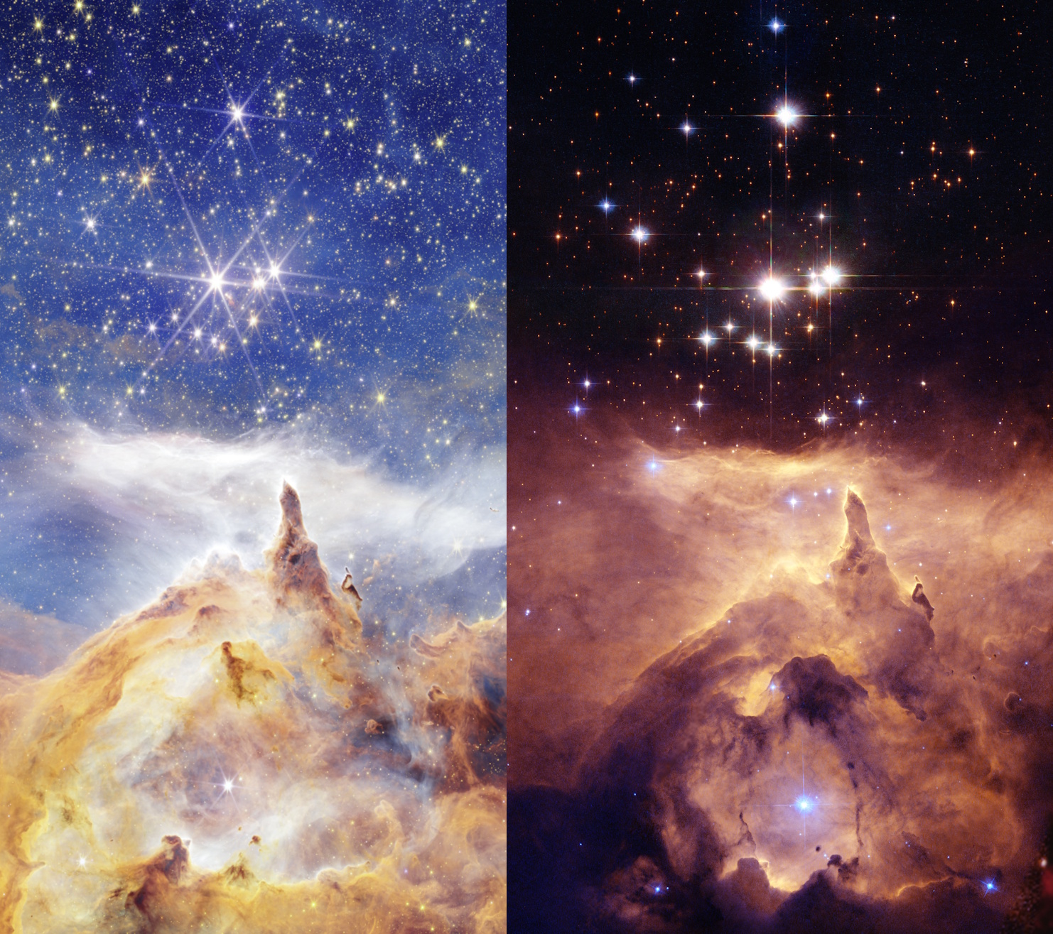 Side-by-side images of the star cluster Pismis 24 and a cloud of interstellar gas, captured by JWST and Hubble, showcase bright stars and nebulae against colorful cosmic backgrounds.
