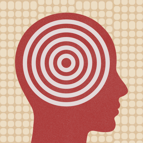 A red silhouette of a human head in profile with white concentric circles inside, set against a beige grid-patterned background.