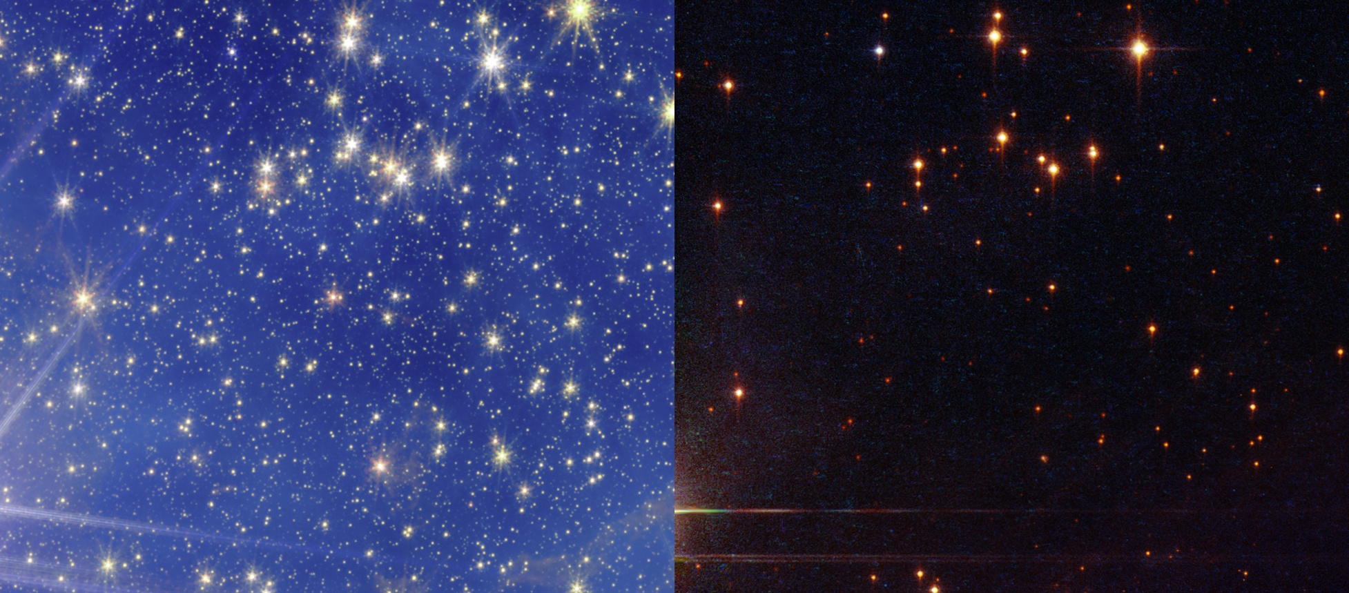 A split image compares two views of the Pismis 24 star field: the left side, captured by Hubble, reveals numerous bright blue stars, while the right side from JWST shows fewer, redder stars against a darker background.