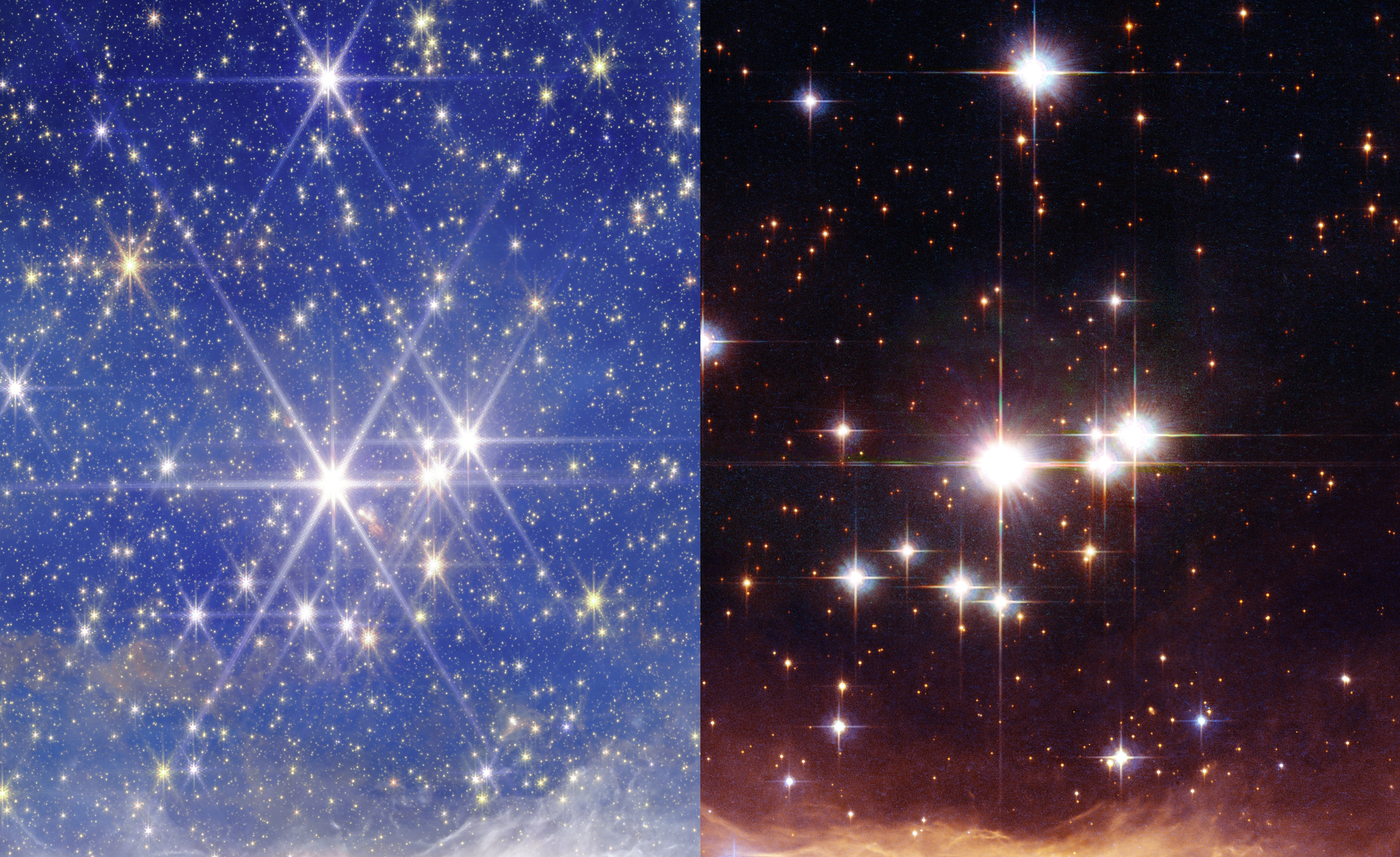 Side-by-side comparison of two star field images&mdash;one from JWST and one from Hubble&mdash;showing differences in color, brightness, and detail within the Pismis 24 cluster against dark, star-filled backgrounds.