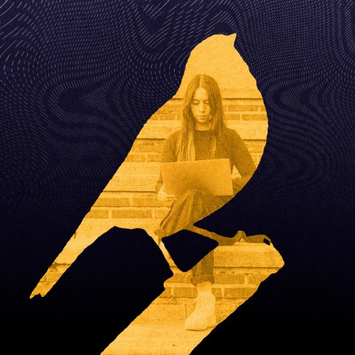 A yellow bird silhouette reveals a woman sitting on steps using her laptop, symbolizing the watchful presence of AI canaries, set against a dark, patterned background.