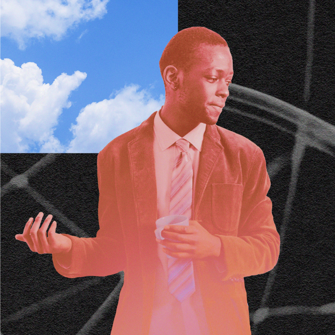 A man in a suit holding a cup stands against a contrasting background of blue sky with clouds and a dark, textured area with light streaks.