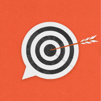 A black-and-white target inside a speech bubble with an arrow hitting the bullseye, set against an orange background.