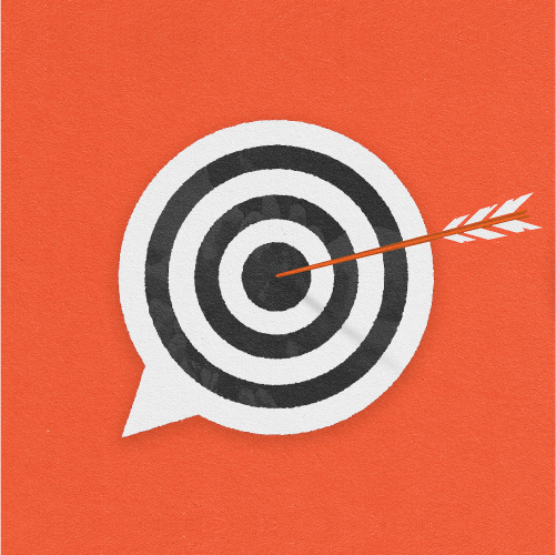 A black-and-white target inside a speech bubble with an arrow hitting the bullseye, set against an orange background.
