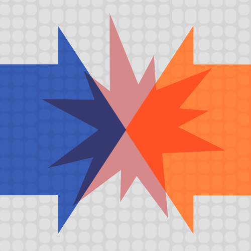 Two jagged shapes, one blue and one orange, face each other and collide at the center on a light gray grid-patterned background.
