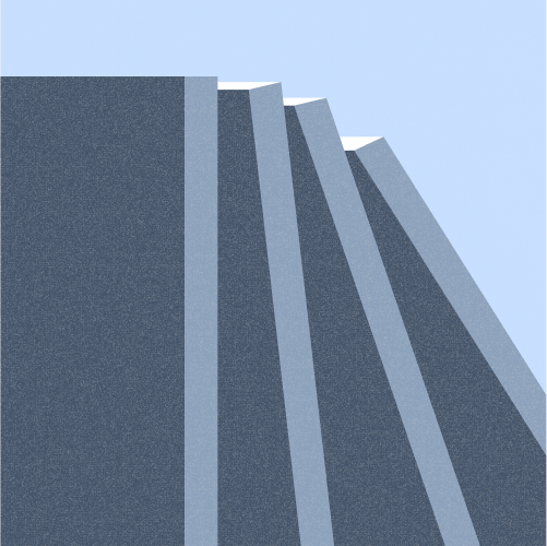 A minimalist illustration of five overlapping, angled gray slabs against a pale blue background, creating strong diagonal lines and shadows.