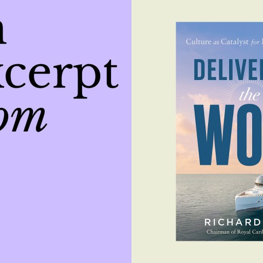 Book cover of "Delivering the WOW" by Richard Fain next to a text graphic that says "an excerpt from Richard Fain" on a purple background.